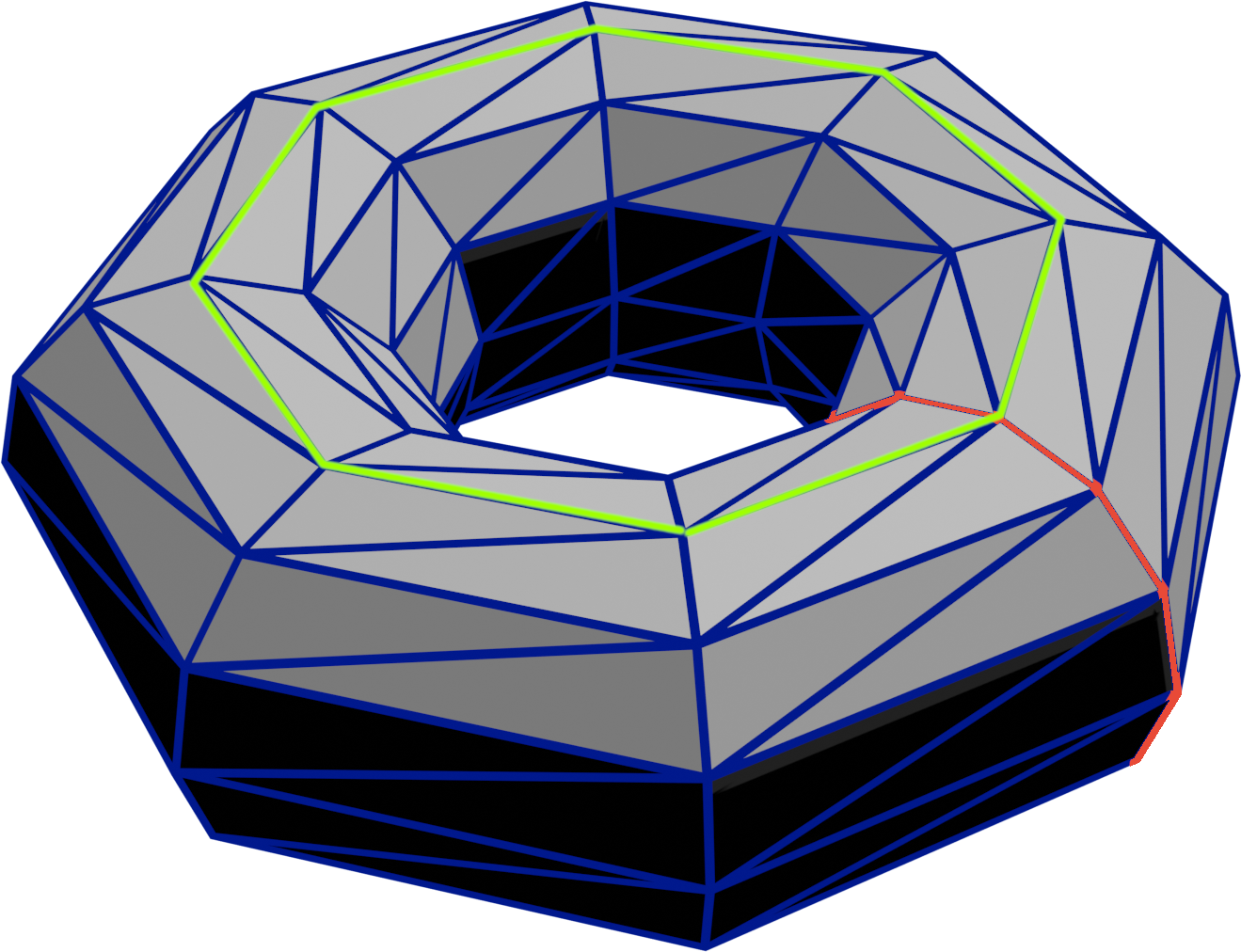 An example torus with polygon boundaries drawn in blue and one of the 8 “slices” highlighted in orange and one of the 12 “rings” highlighted in yellowish green.