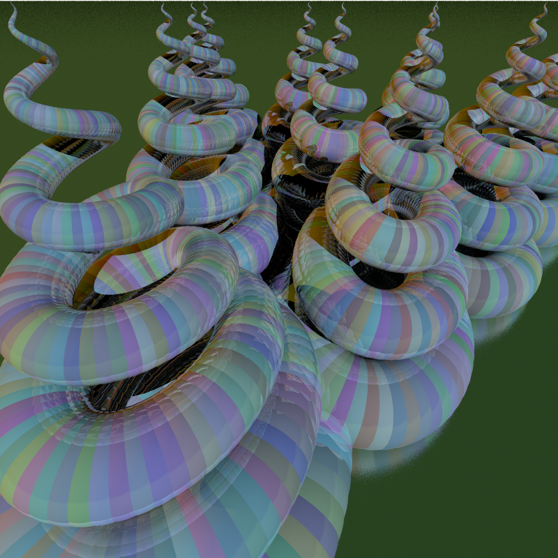 5,000 spheres with a moved camera, roughness, depth-of-field, anti-aliasing, shininess, and a plane; from spiral.txt. Although it has half as many spheres as the BVH test scene, it takes similar time to render because they overlap and are hard to bound. My reference implementation renders it in 8.6 seconds.