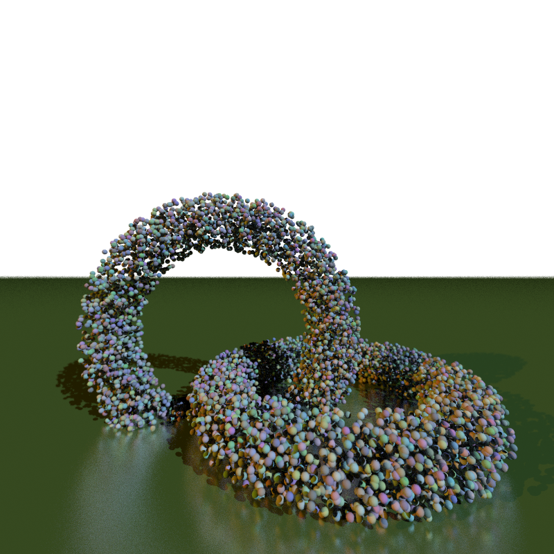 The BVH test file of 10,000 spheres at higher resolution with roughness, depth-of-field, anti-aliasing, shininess, and a plane; from tenthousand.txt. My reference implementation renders it in 9.4 seconds on a 24-core 7GHz workstation.